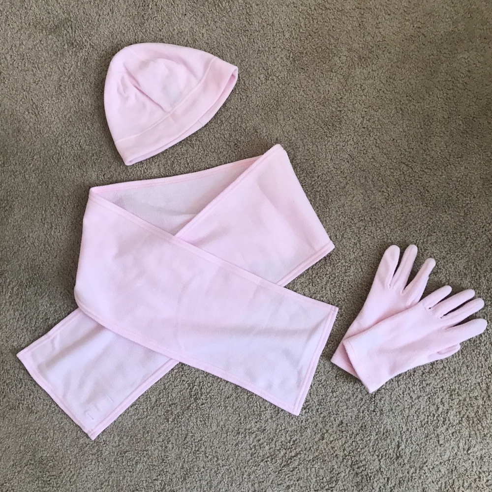 Matching set pink fleece beanie, scarf, and gloves